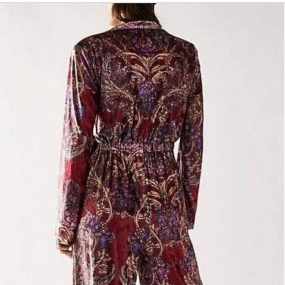 Free People Delphine Velvet Paisley Wine Jumpsuit Wide Leg One Piece. Large - Picture 3 of 7